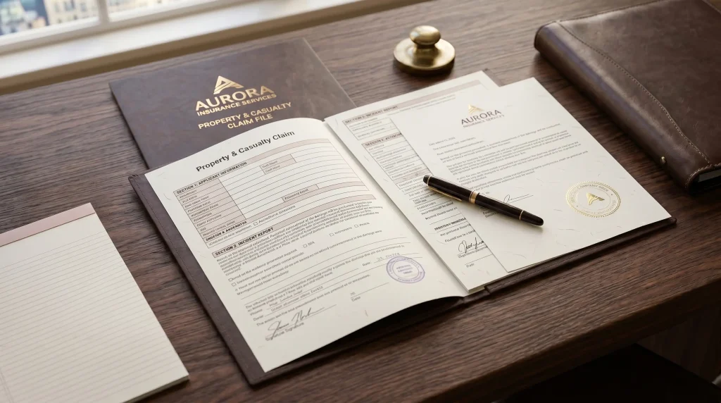 property and casualty insurance claim paperwork spread on a dark wood desk with a fountain pen and brass paperweight