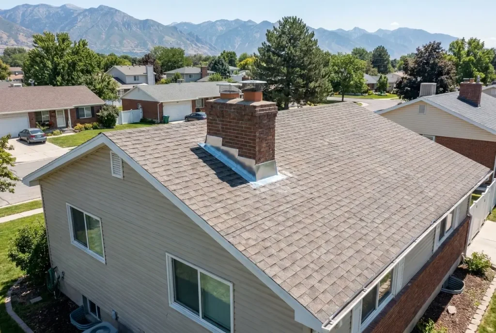 Aerial view of a residential shingle roof in Utah with repaired flashing around a chimney and roof transition