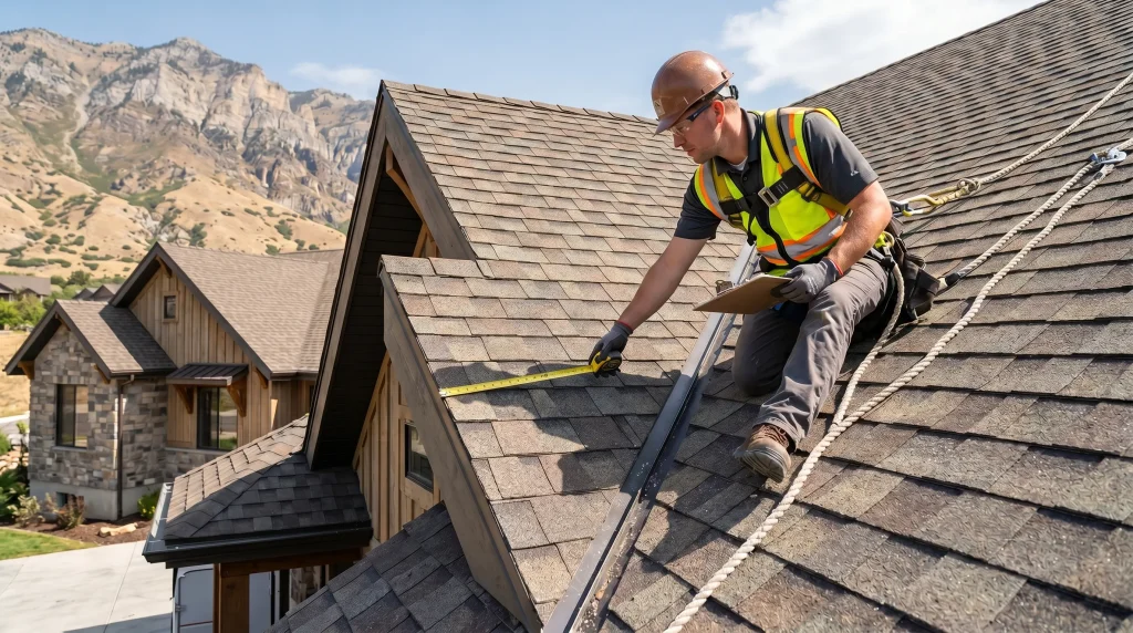 roofing contractor measuring asphalt shingles during a utah home inspection in the mountains