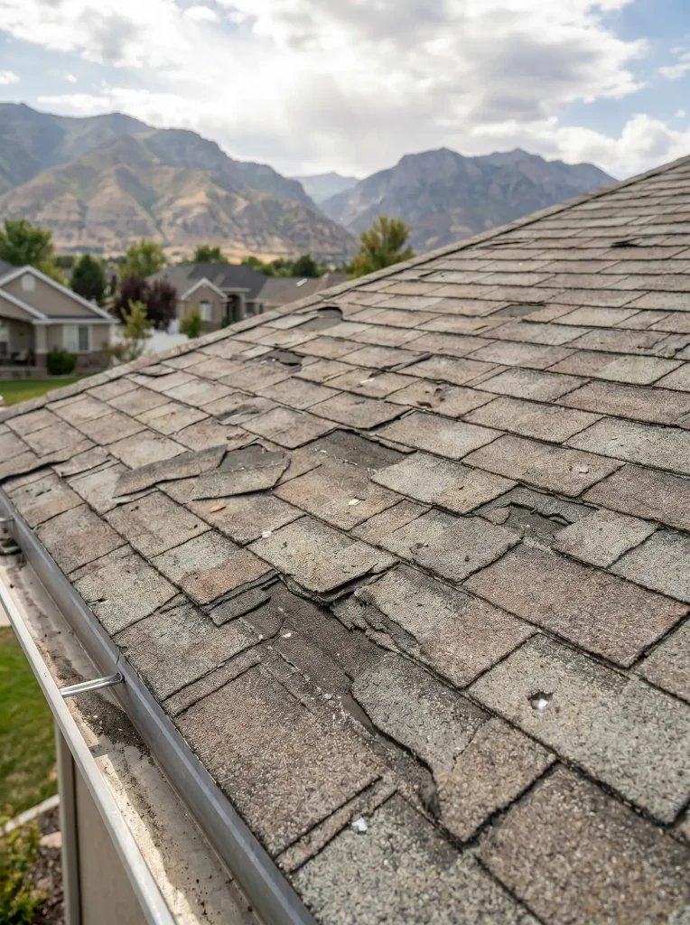 Worn asphalt shingle roof in Utah with visible storm damage, lifted tabs, missing shingles, and granule loss needing inspection