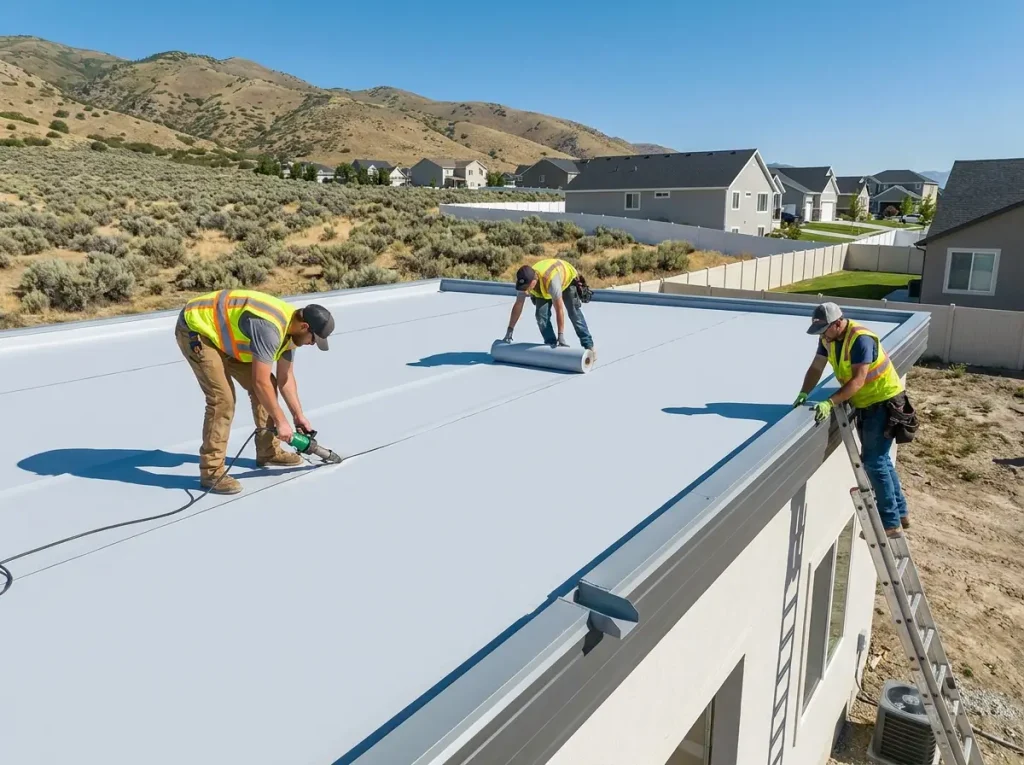 crew installing a flat roofing membrane on a Utah home addition