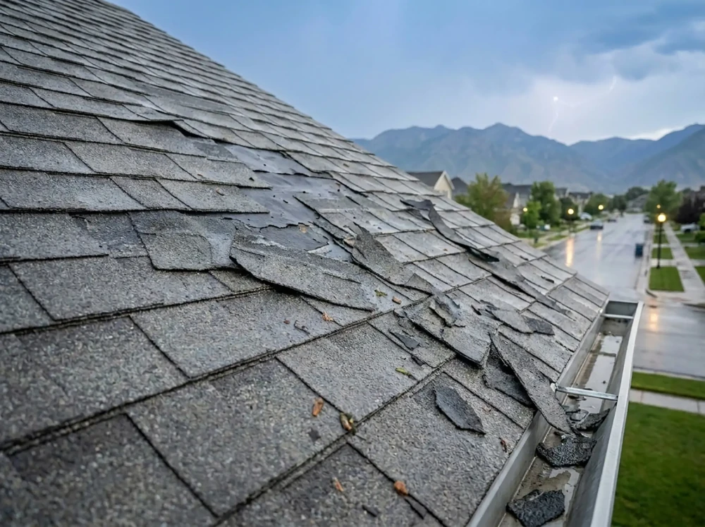 storm damaged asphalt shingles curling and peeling off a Utah home roof with a rain soaked street and Wasatch Mountains visible in the background