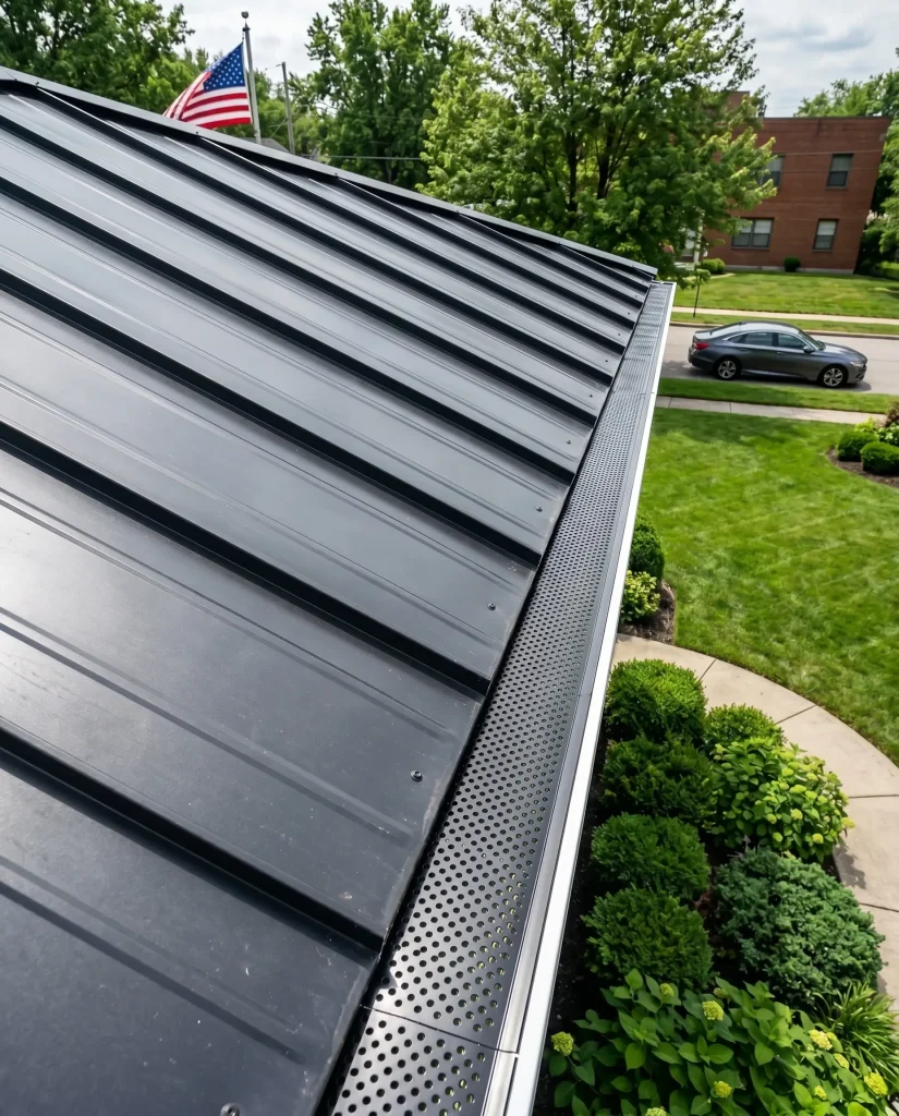 metal roof with perforated gutter guard system on a residential home with green landscaping and an American flag in the background